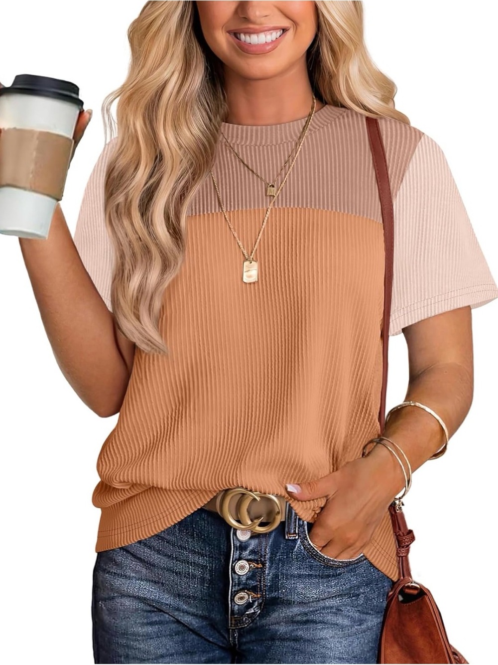Colorblock Ribbed Short Sleeve Top in Camel and Cream NWOT